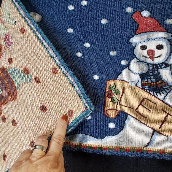 Cute Christmas Blue Woven Tapestry Snowman Table Runner 70x12 Long Winter - Picture 2 of 6
